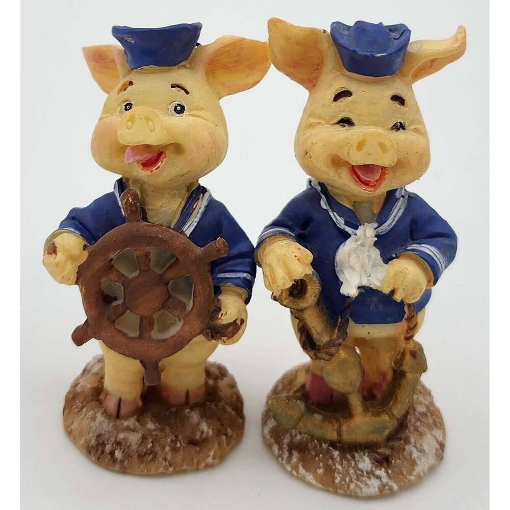 Sailor Pig figurines with anchor, helm. LOT OF 2 Resin 2.5in tall. Vintage Farm
